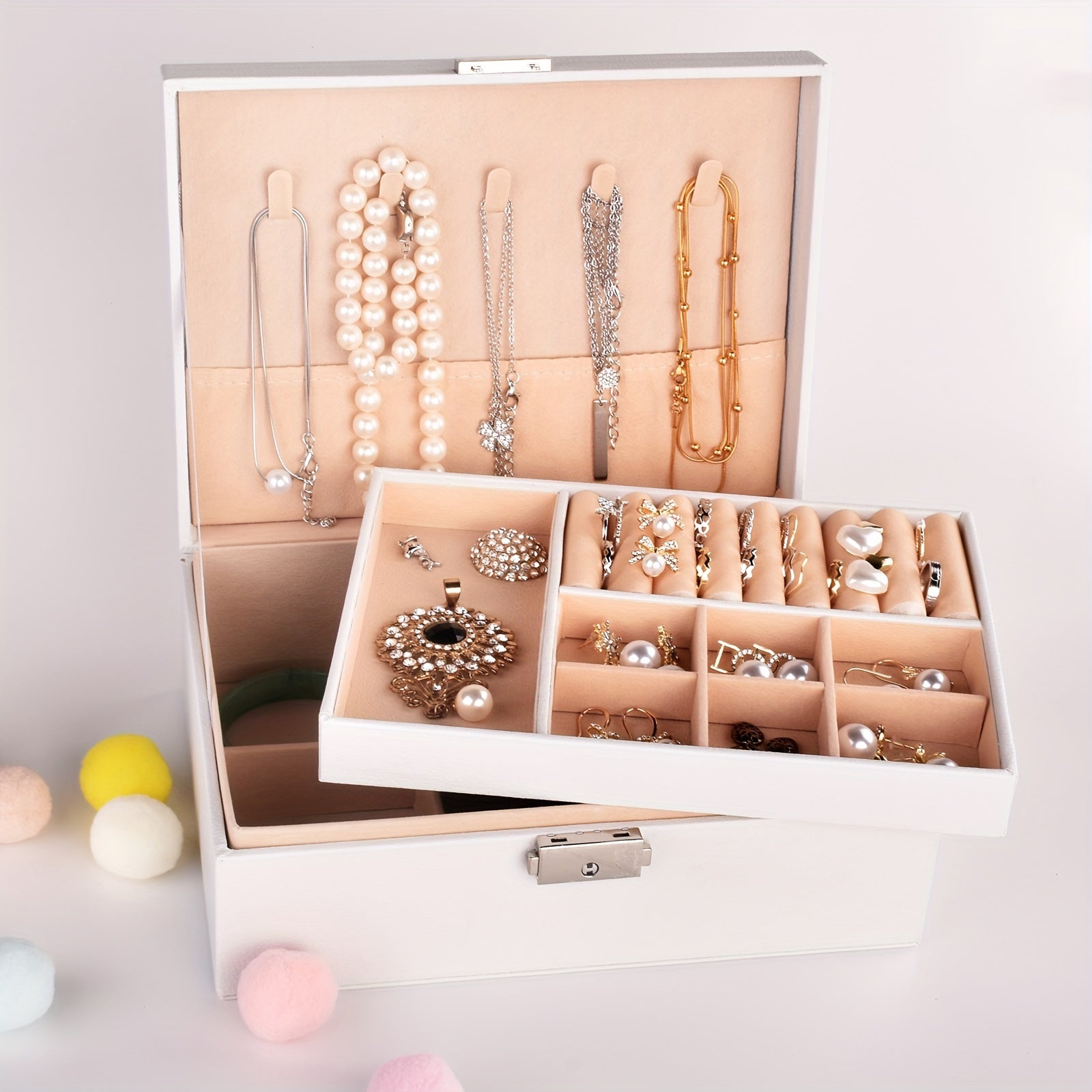 Double Layer Jewelry Box Leather Storage for Rings Earrings Necklaces