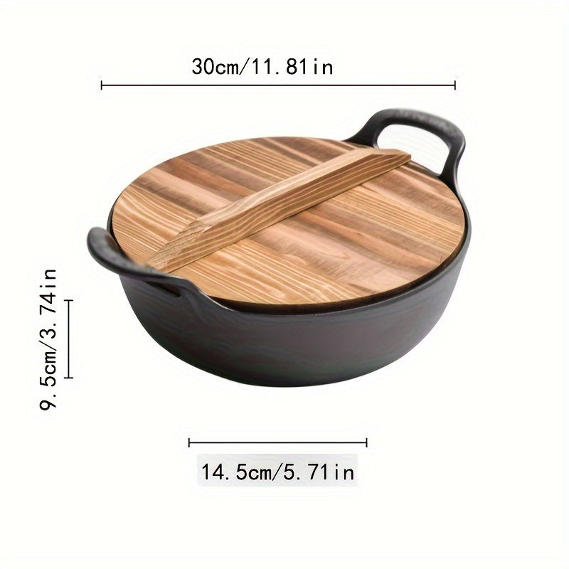Cast Iron Skillet with Wooden Lid for Frying Sautéing and Stewing 10-Inch