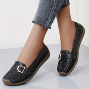 Women's White Slip-On Loafers with Ventilation Holes, Gold Buckle, Soft TPR Sole