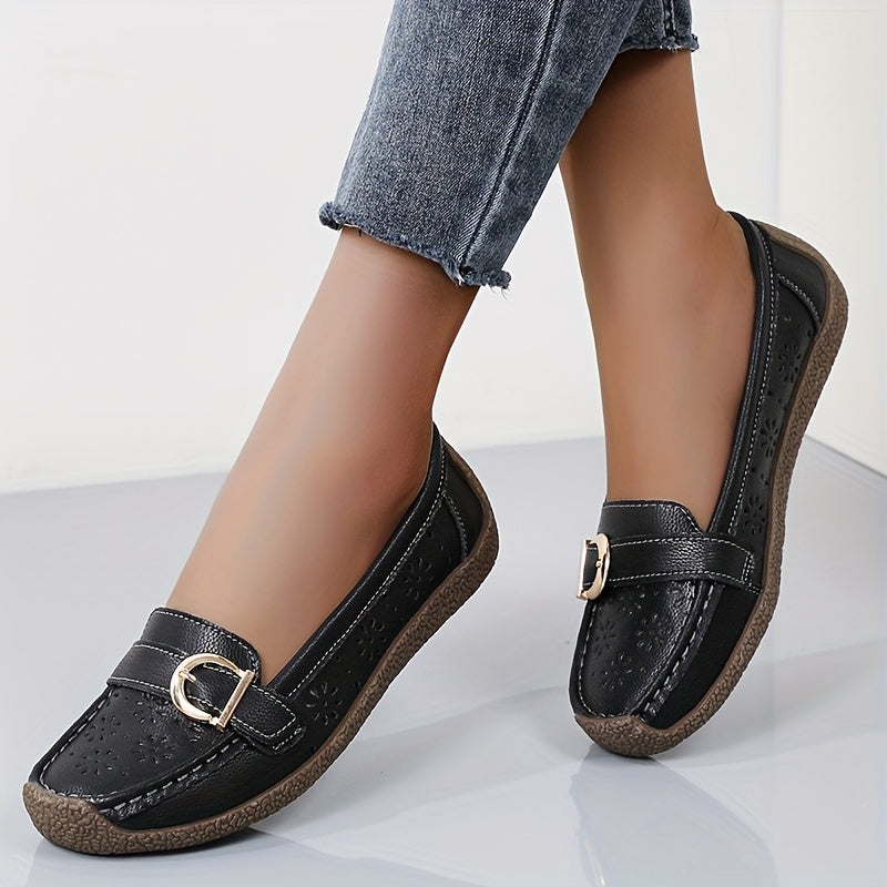 Women's White Slip-On Loafers with Ventilation Holes, Gold Buckle, Soft TPR Sole