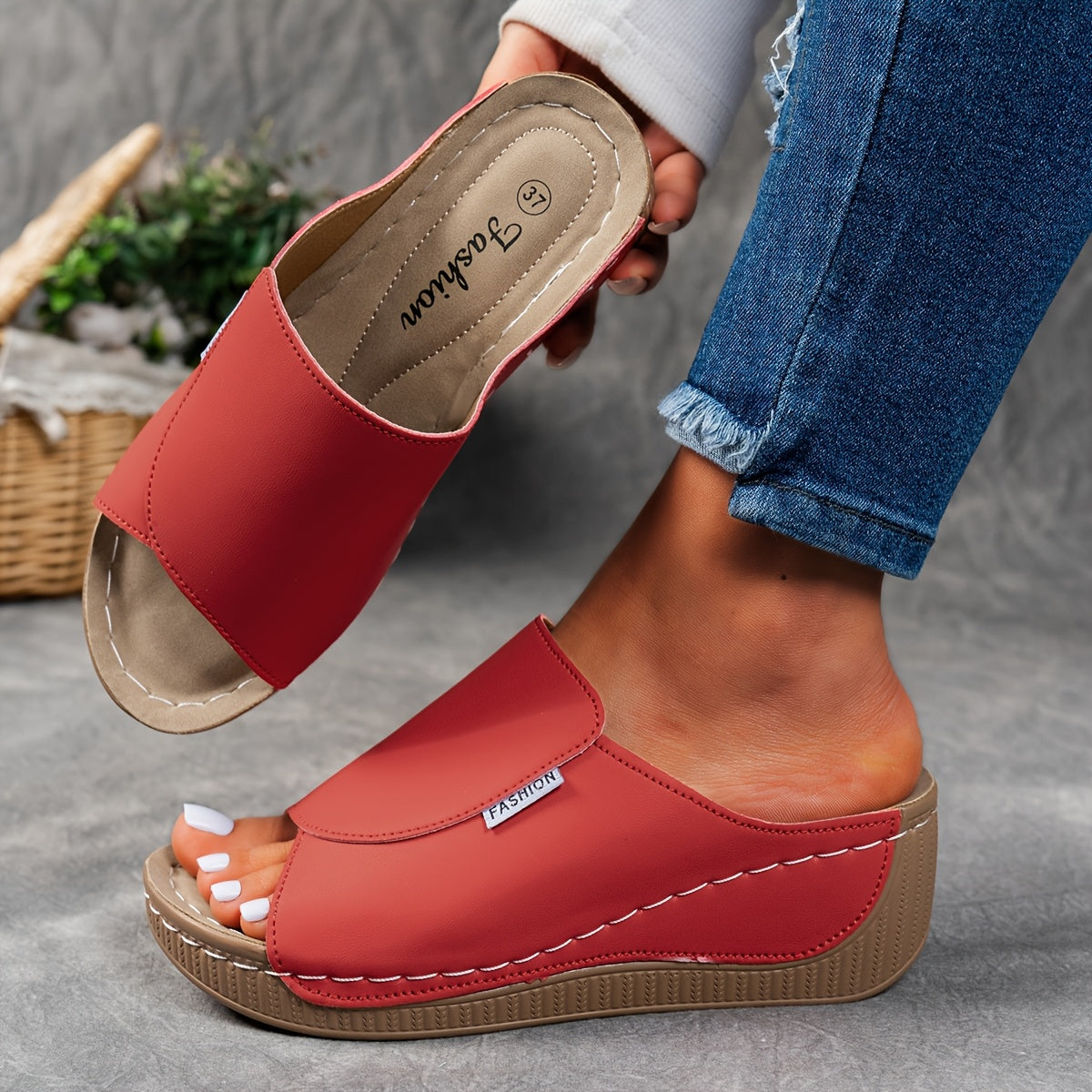 Women's Red Slip-On Slide Sandals with Cushioned Sole for Summer