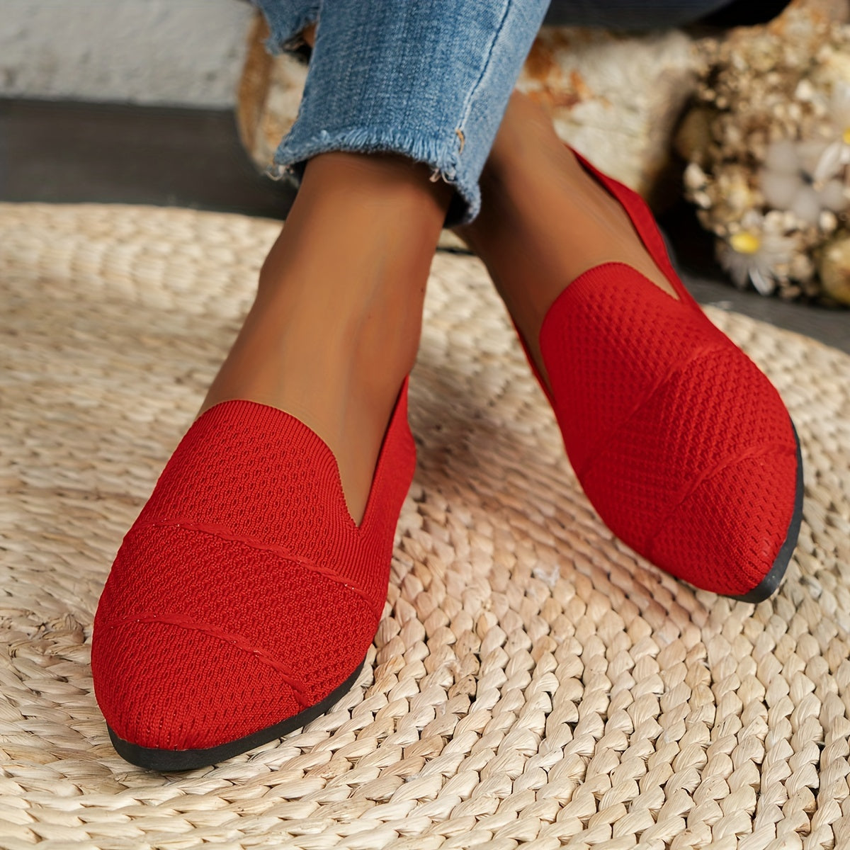 Women's Pink Slip-On Pointed Toe Flats Breathable Fabric All-Season Shoes