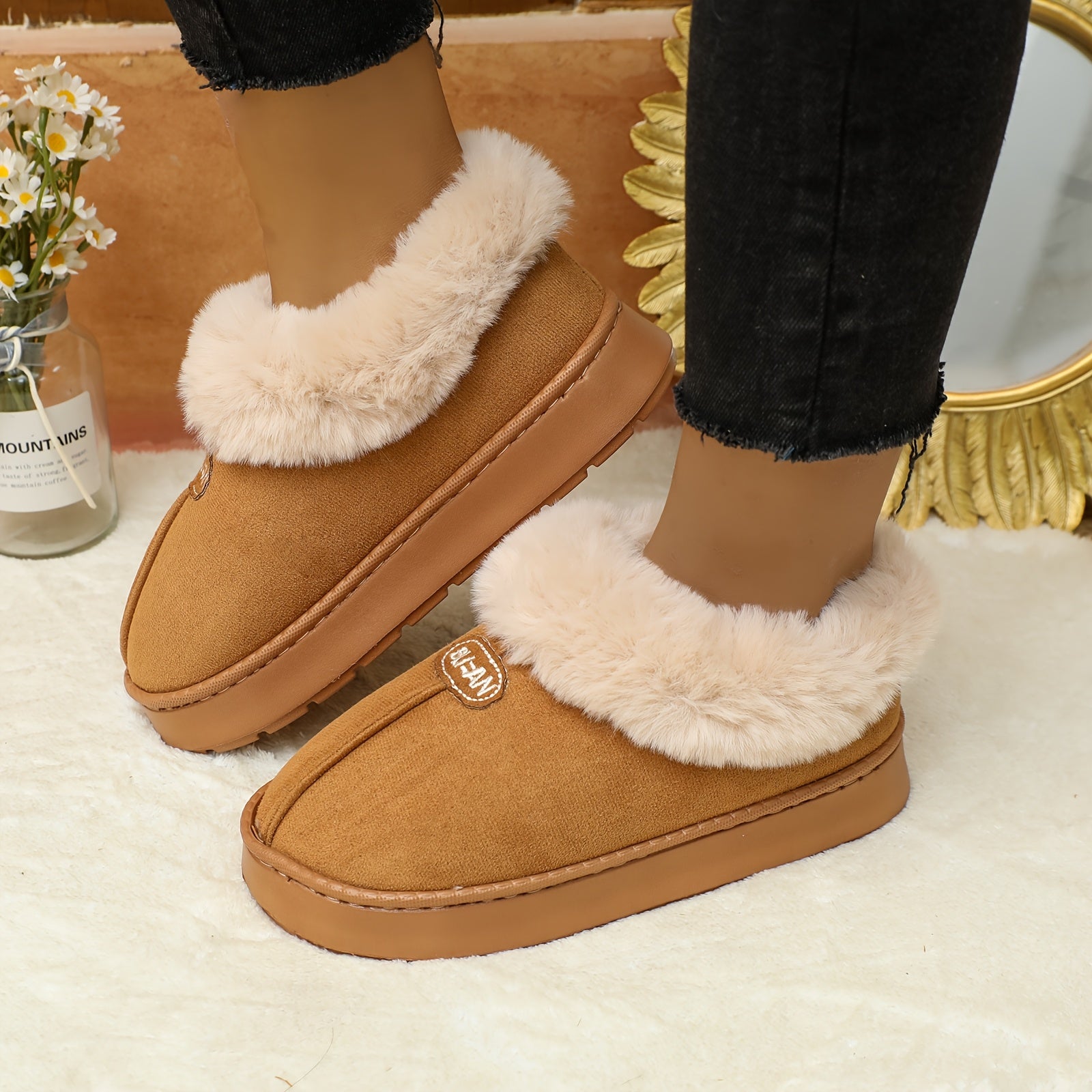 Women's Winter Slippers Indoor Outdoor Cushioned EVA Brown White Plush