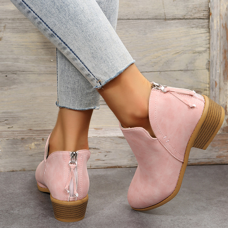Women's Ankle Chunky Heel Boots Solid Color Pointed Toe Slip-On Low Heel