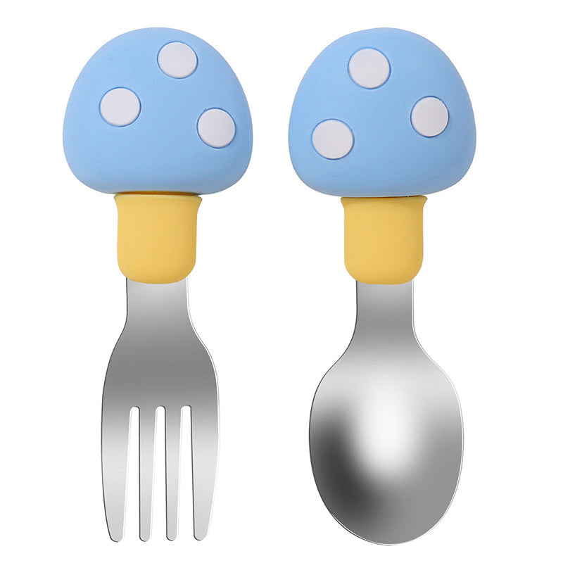 Set de utensilios de silicona para alimentar a bebés con diseño de seta, cuchara y tenedor