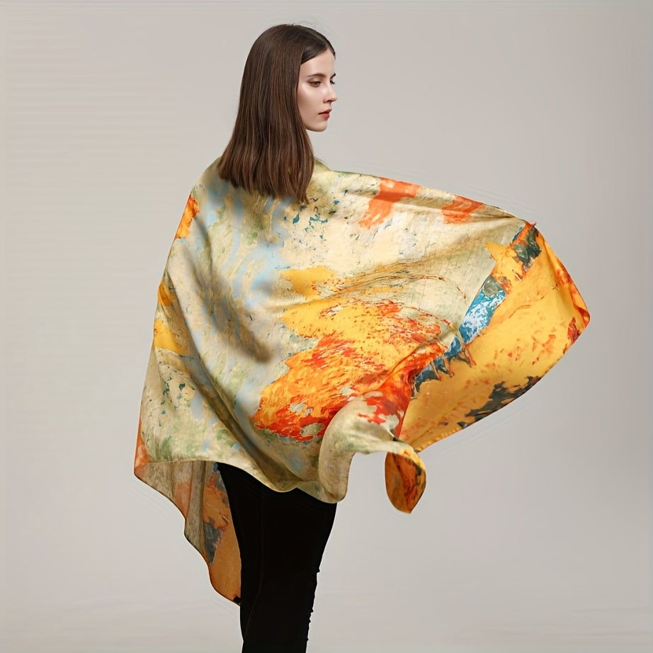 Women’s Satin Shawl with Retro Landscape Print Windproof Sun Protection Wrap
