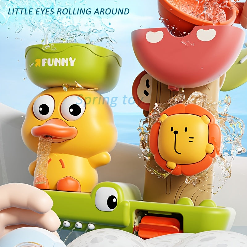 Colorful Cartoon Duck Bath Toy Set for Kids with Suction Cup Spraying and Rotating Features in Orange Green Yellow