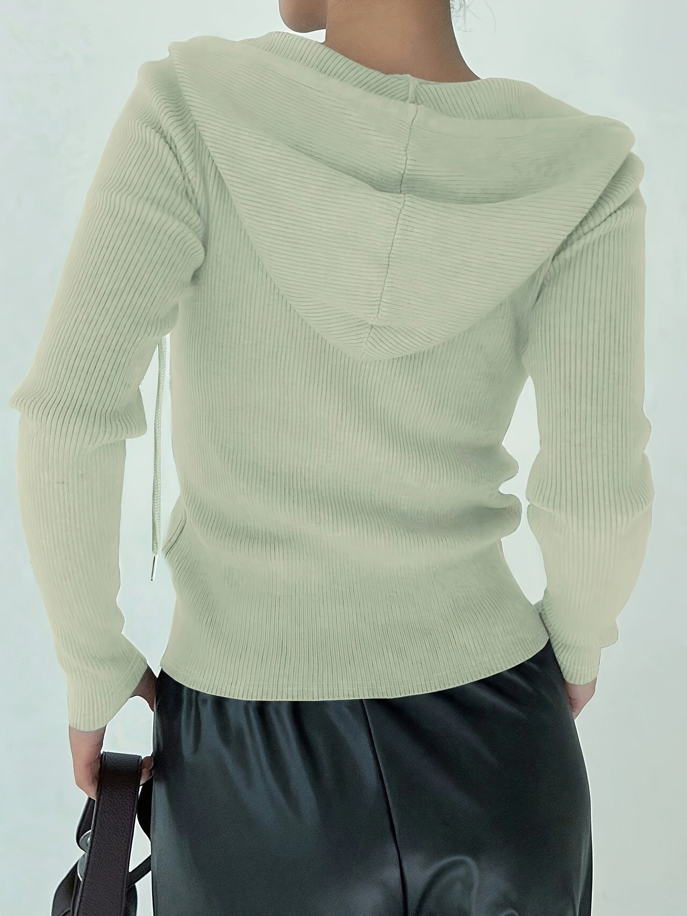 Women's Slim Fit Hooded Jacket with Ribbed Knit Drawstrings and Zipper for Fall Winter