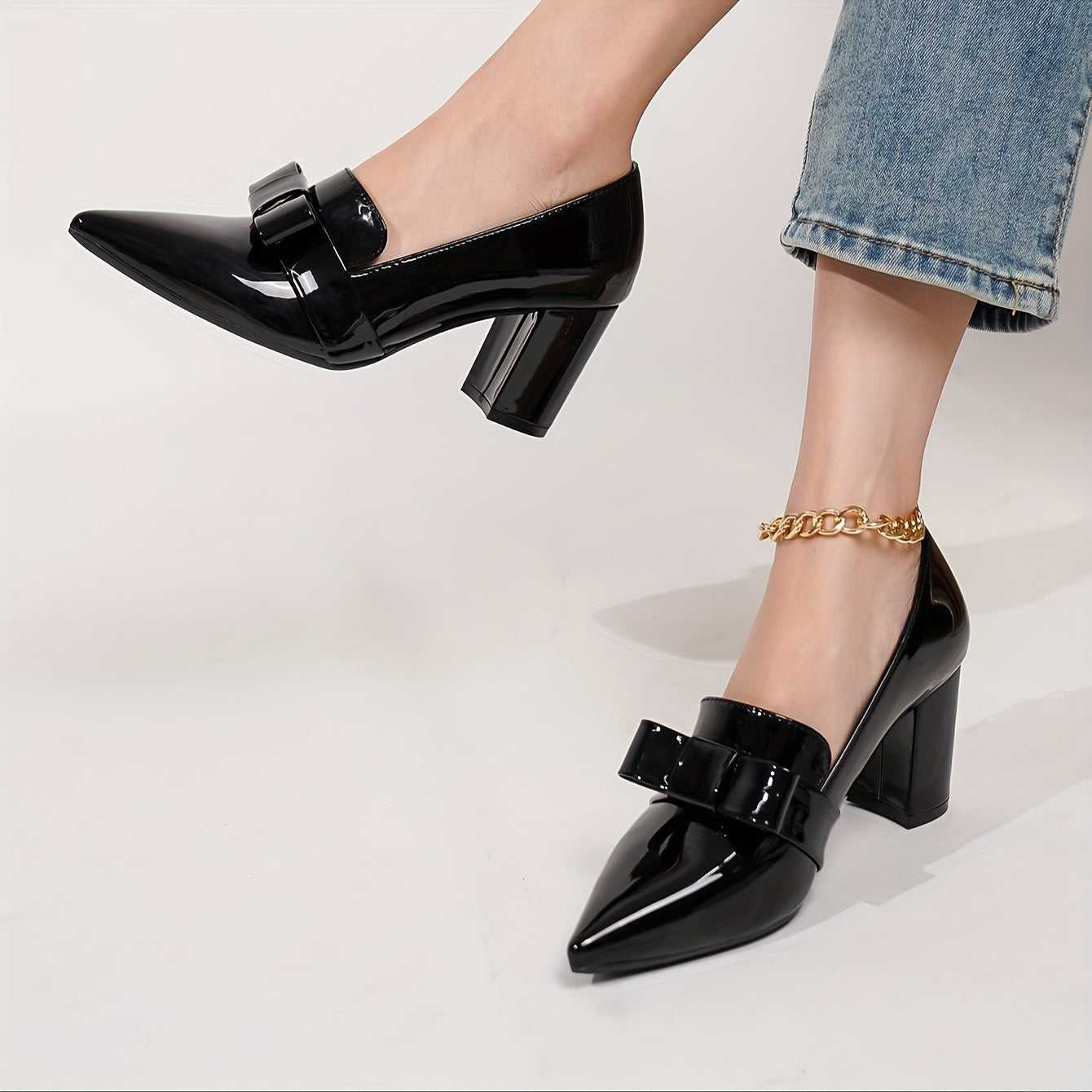 Women's Pointed Toe Slip-On Pumps with Bowknot Chunky Heel All-Season