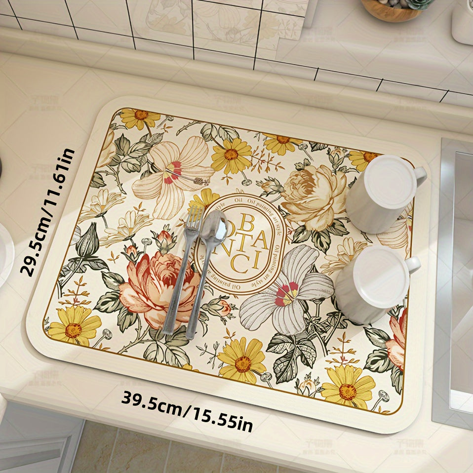 Floral Pattern Coffee Machine Mat Multi-Functional Dish Drying Pad Non-Slip Soft Kitchen Bathroom