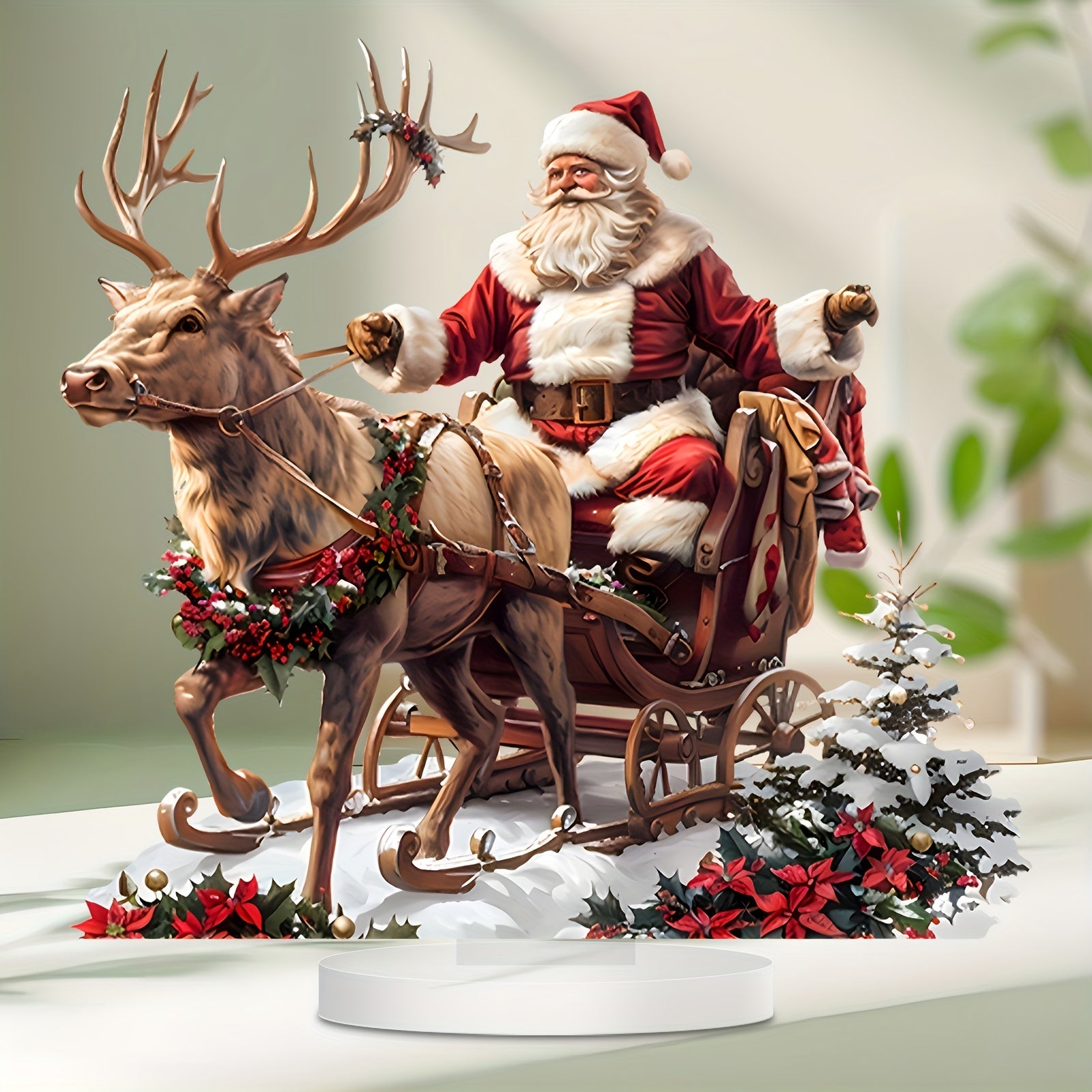 Acrylic Santa with Reindeer Sleigh Holiday Decor Sign for Home and Office 1 Pack