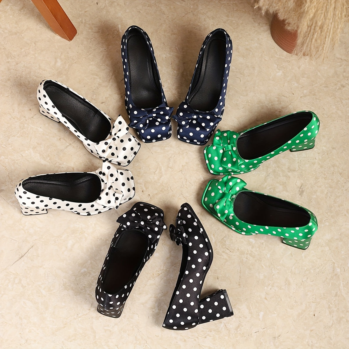 Ayollar uchun polka nuqta Mary Jane poyabzal, bog'lamli kvadrat barmoqli, blok poyabzal, qulay oyoq kiyimlar, turli ranglarda