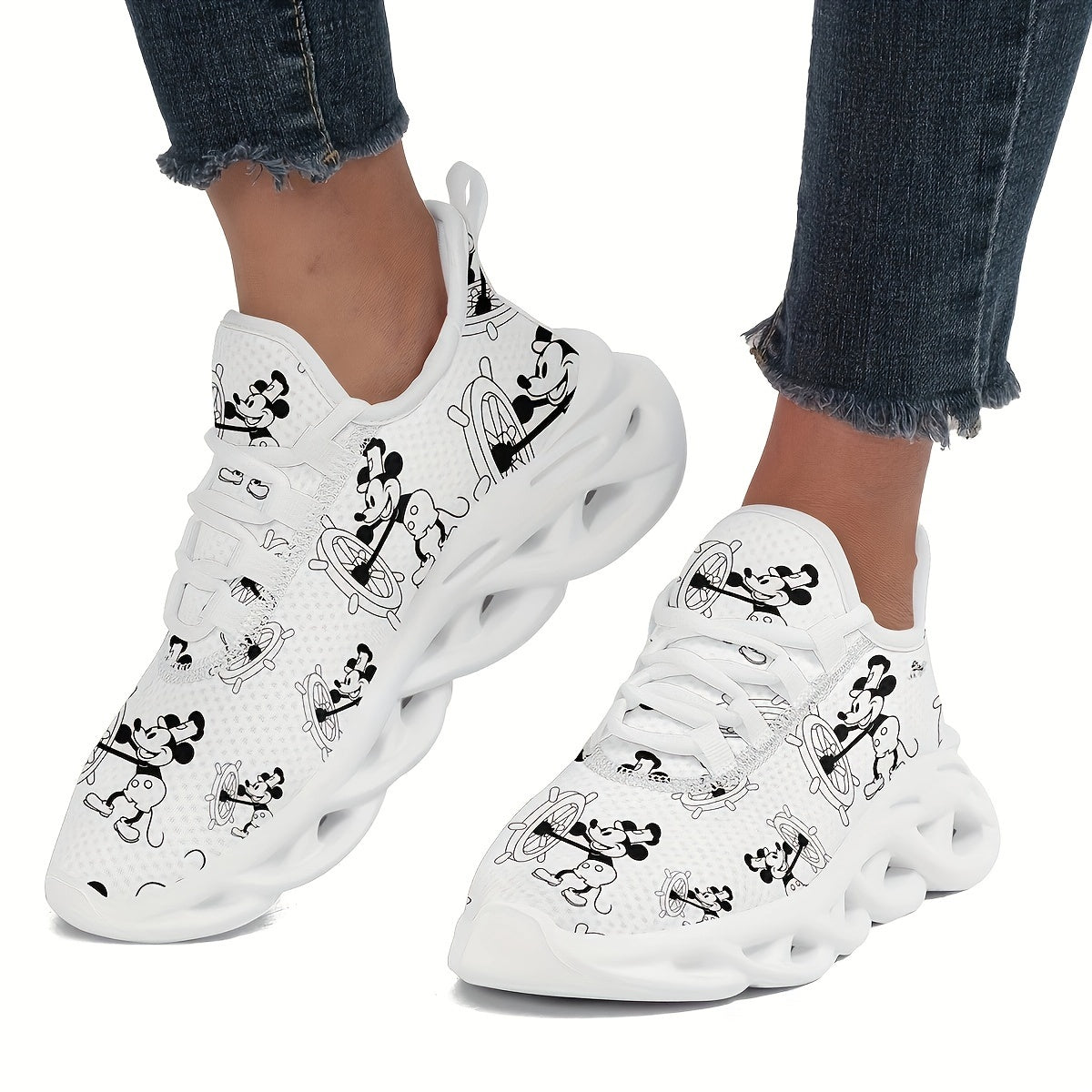 Women’s Breathable Canvas Sneakers with Cartoon Mouse Pattern for Running