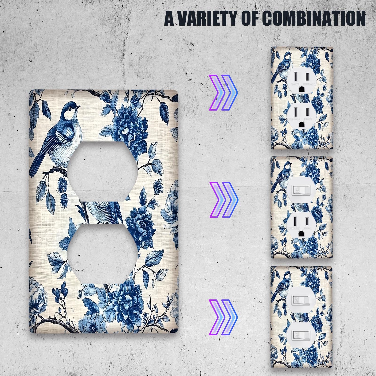 Blue Birds and Floral Wall Plate Cover for Teen Room Bedroom Bathroom Playroom