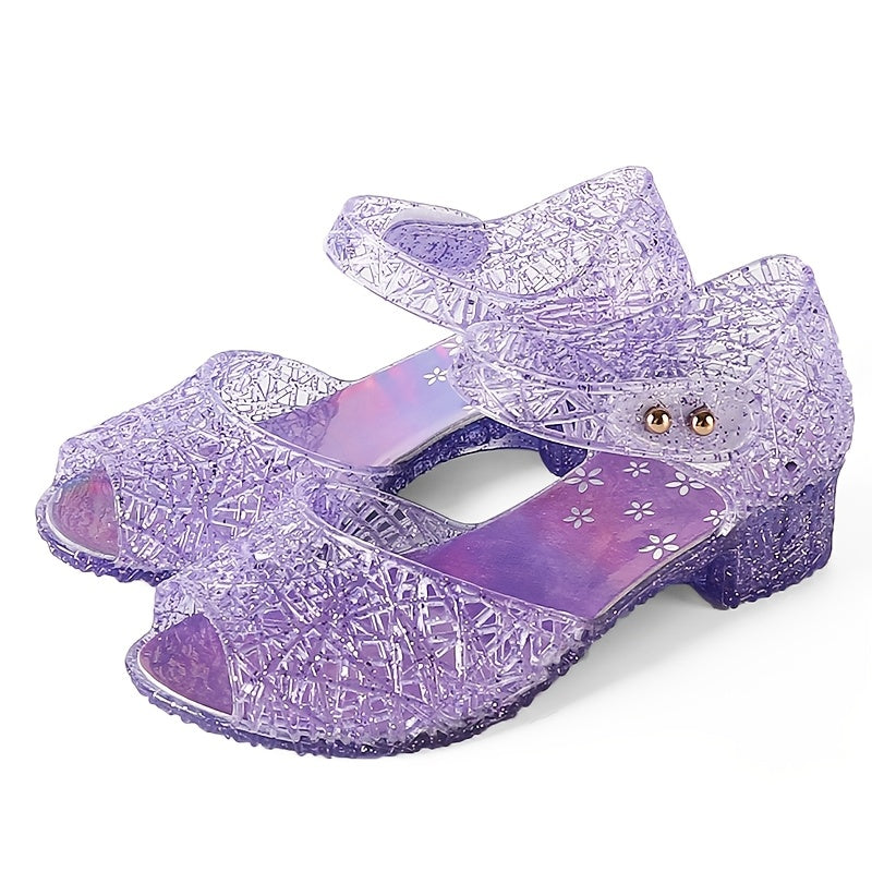 Girls' Sparkling Blue Crystal Sandals Mid Heel Breathable PVC for Parties and Daily Wear