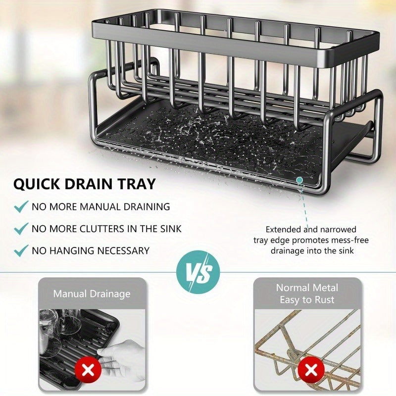 Soporte de esponja de plástico para lavabo de baño y organizador de fregadero de cocina con bandeja de drenaje