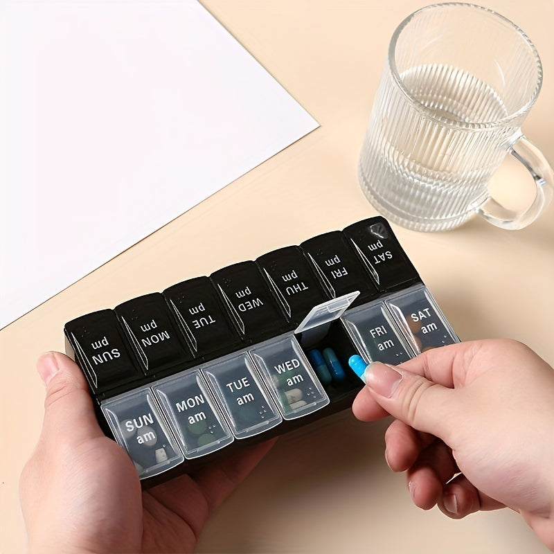 Compact 14-Compartment Pill Organizer with Braille for Daily Vitamins and Medications Black and Clear