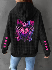 Women Waffle Jacket Zip Hooded Casual Printed Outerwear