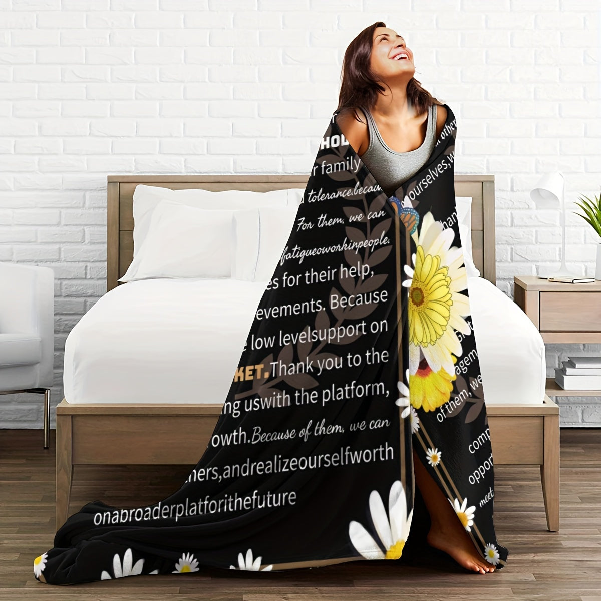 Knitted Polyester Throw Blanket with Thank You Message Floral Butterfly Design for All Seasons