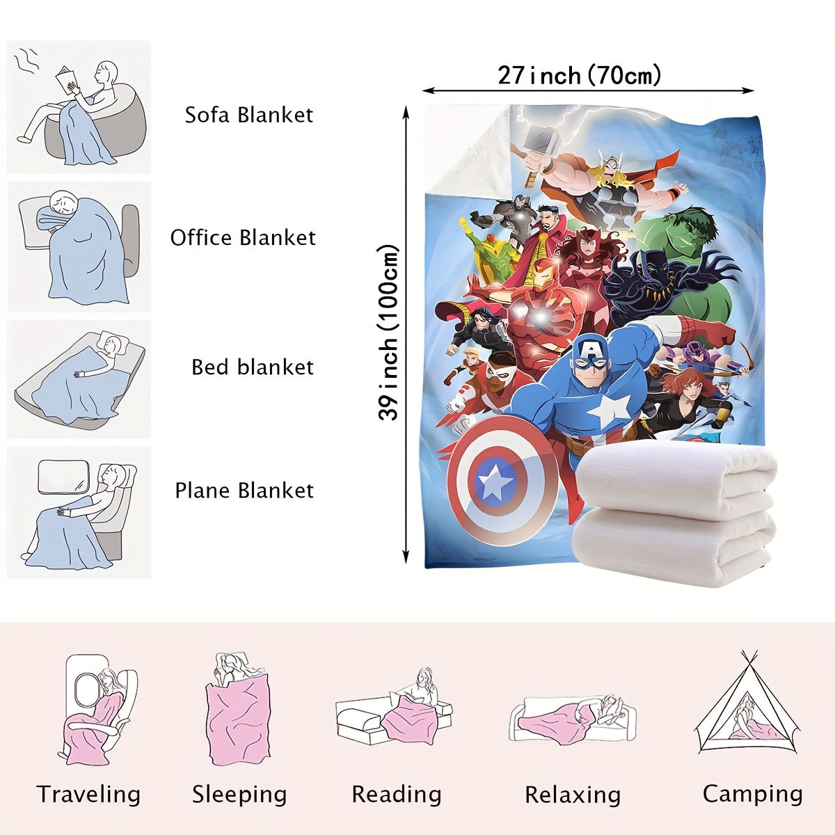 Superhero Throw Blanket for Kids and Adults Soft Cozy Lightweight Multicolor