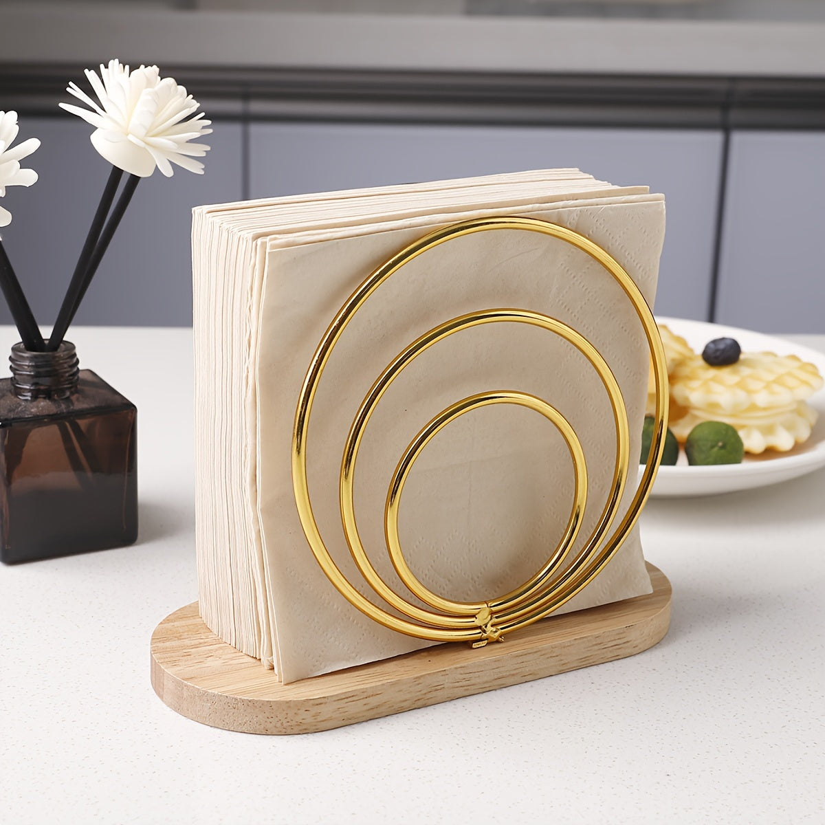 Porta servilletas de hierro fundido dorado con base de madera, estilo vintage, decoración de mesa