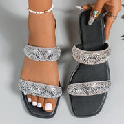 Women's Flat Sandals Soft Sole Glitter Rhinestone Double Strap Summer Casual