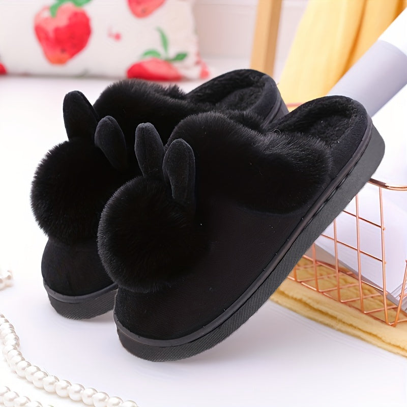 Women's Fuzzy Bunny Pom Pom House Slippers Closed Toe Soft Sole Winter Warm