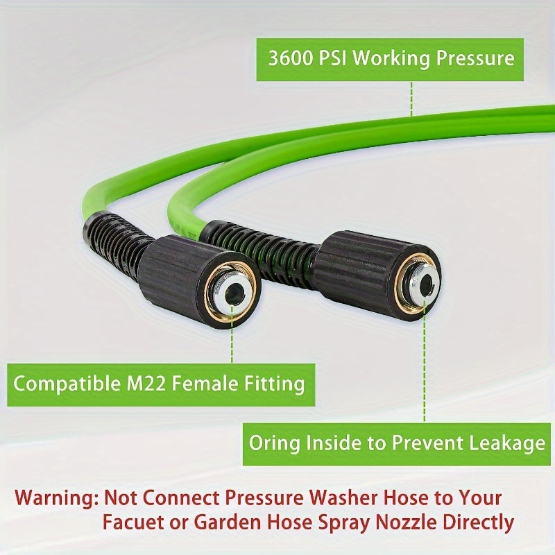 3600PSI Green Pressure Washer Hose PVC Kink-Resistant 1/4 Inch with M22 Fittings
