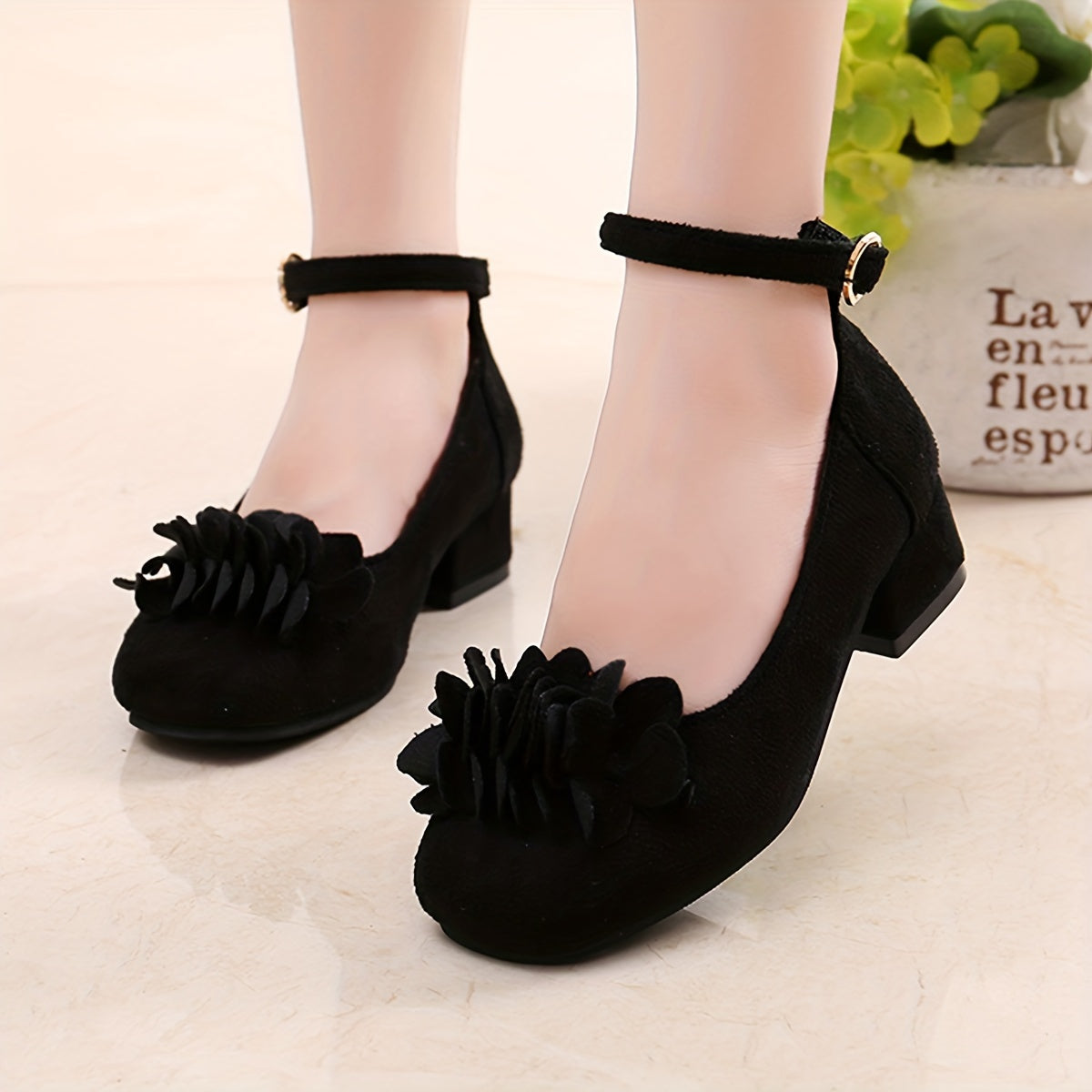 Girls Princess Heels with Flowers Tassel Block Heel PU Upper Rubber Sole for Spring Fall Age 14 and Under