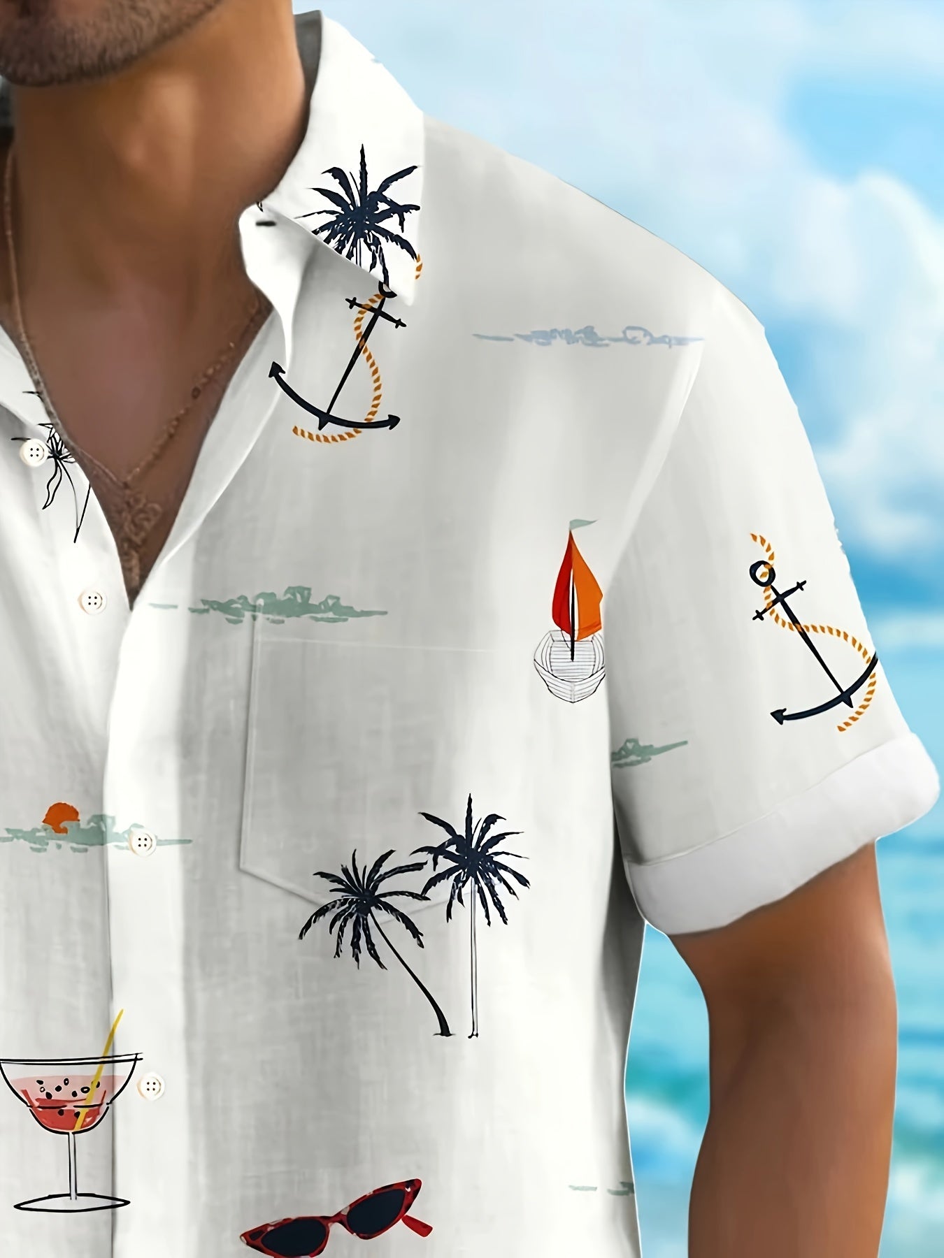 Men's Plus Size Hawaiian Shirt with Coconut Tree Sailboat and Lighthouse Print Short Sleeve Button-Up