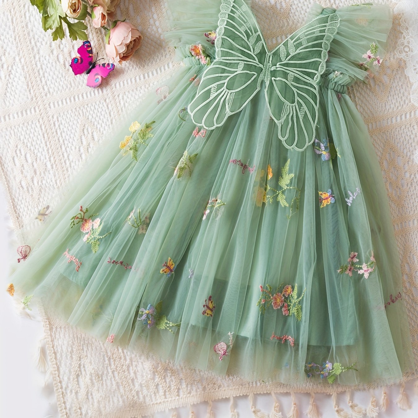 Girls Butterfly Princess Dress with Wings Floral Mesh for Girls Summer Holiday Party