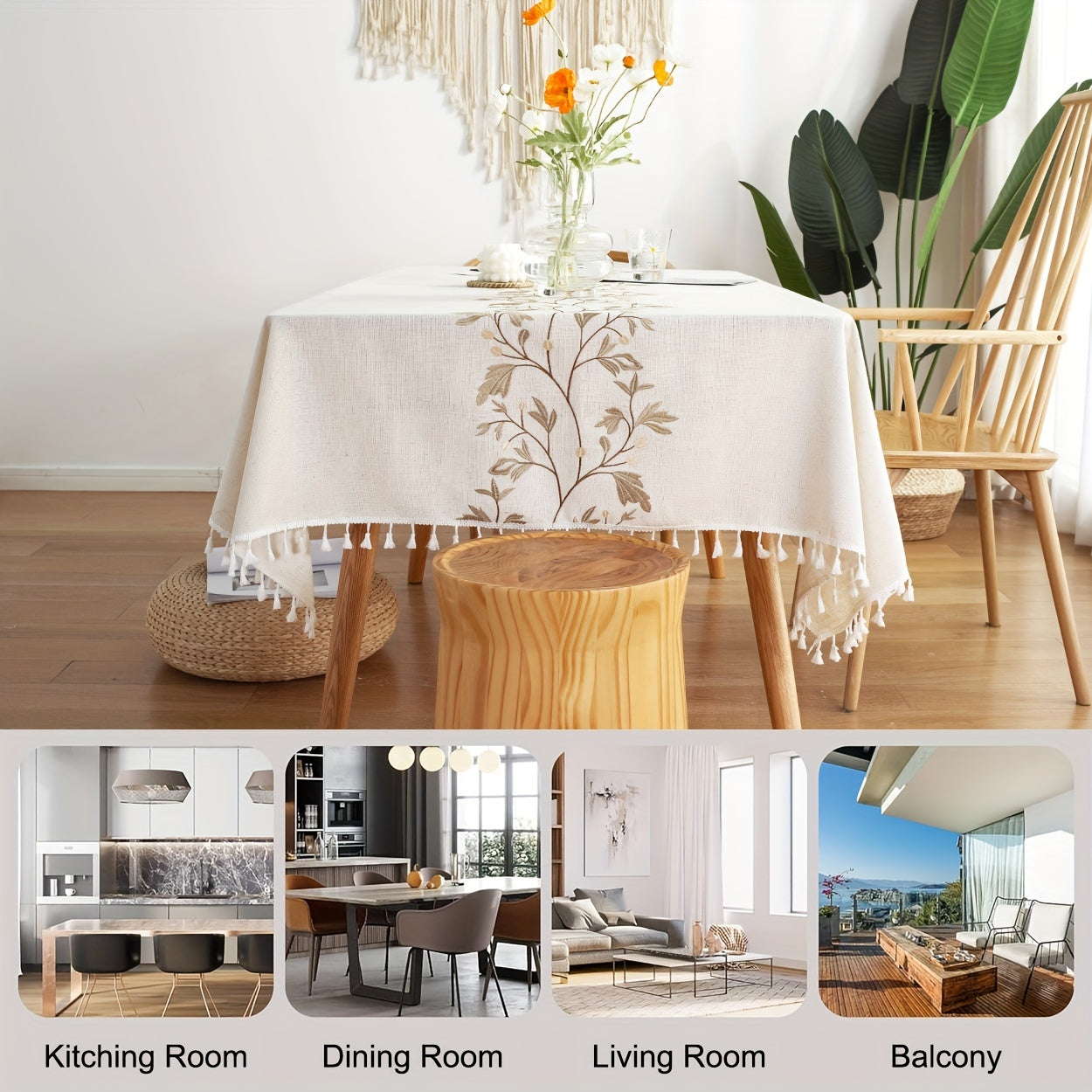 Linen Tablecloth with Feather Embroidery Rectangular Durable Easy to Clean for Weddings Parties and Restaurants