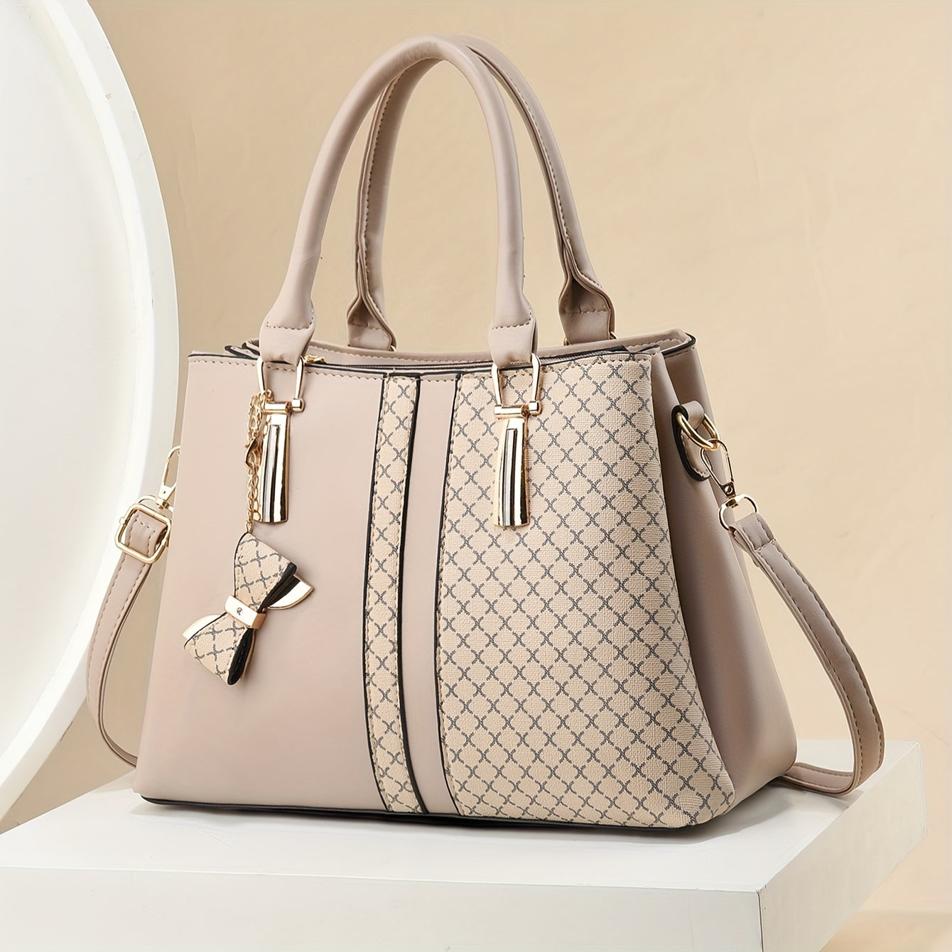 Women's Tote Bag with Plaid Pattern PU Zipper Closure Large Capacity in Khaki Green Black