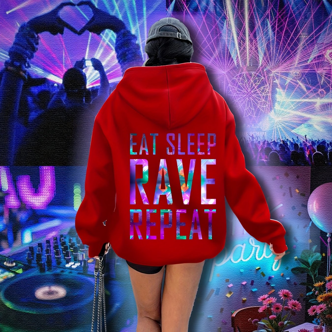 Sudadera con capucha gráfica de talla grande para mujer, festival de música rave, luces, casual, de sobreponer