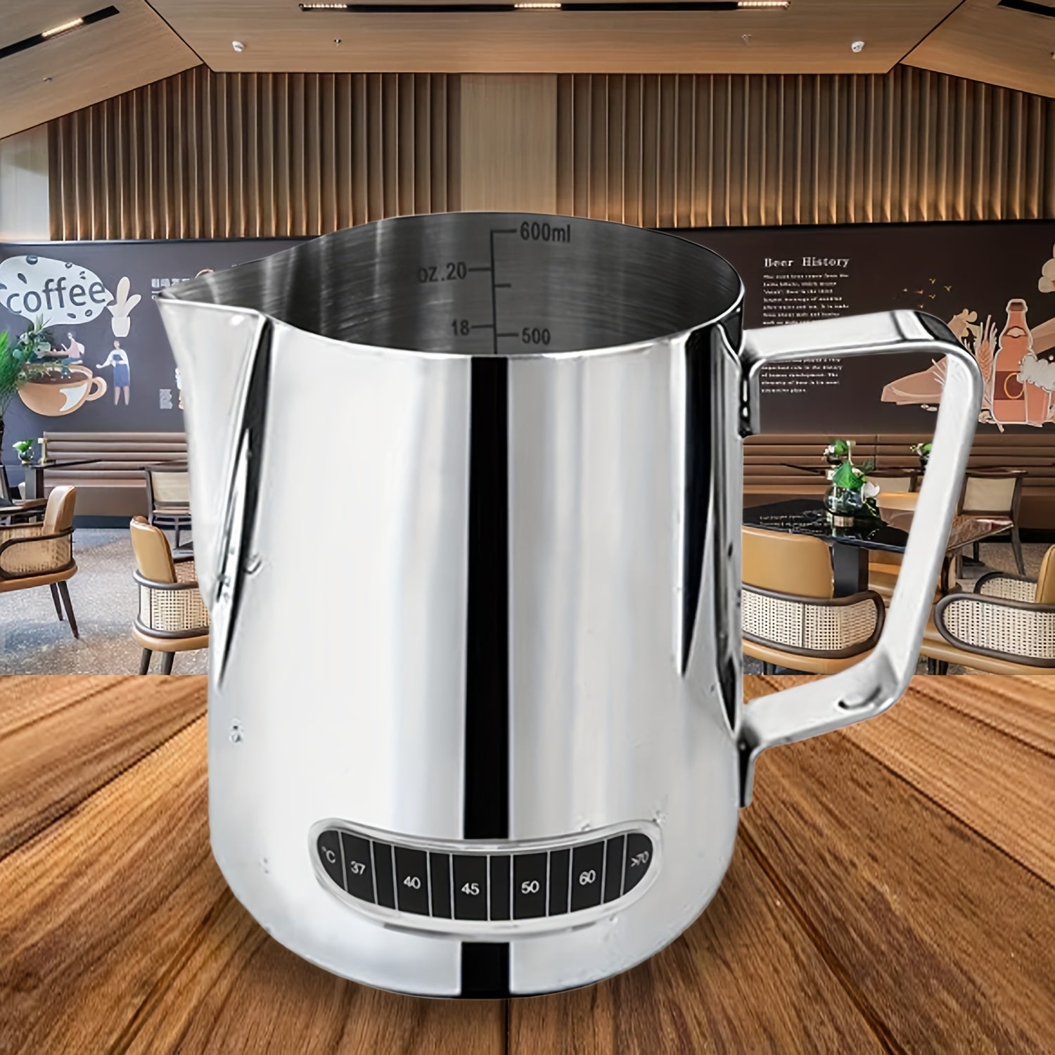 600ml Stainless Steel Milk Frothing Pitcher with Thermometer for Coffee Art