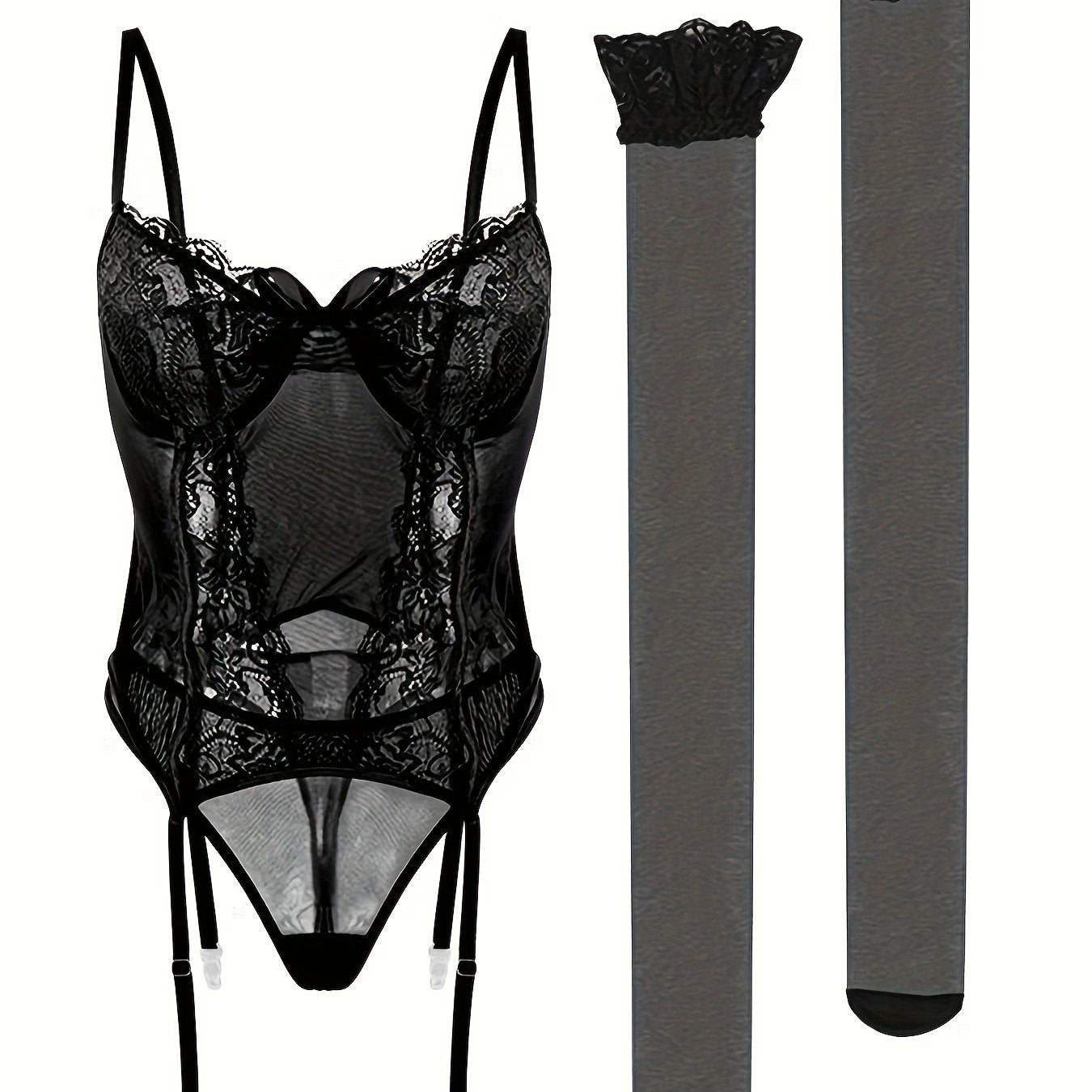 Binafsha ipli ichki kiyim to'plami: gullar bilan bezatilgan shaffof to'rli yuqori bel pantyhoselarni o'z ichiga oladi. Bayramga tayyor, jozibali ichki kiyim, katta o'lchamlarda.