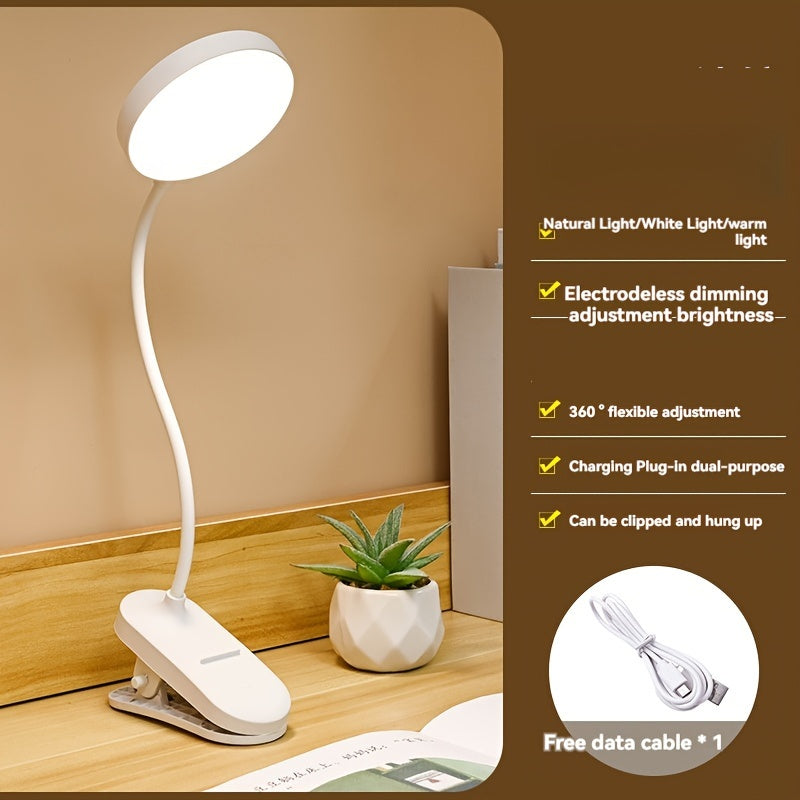 Adjustable Brightness Clip-On LED Desk Lamp with Touch Control and USB Charging for Reading and Studying
