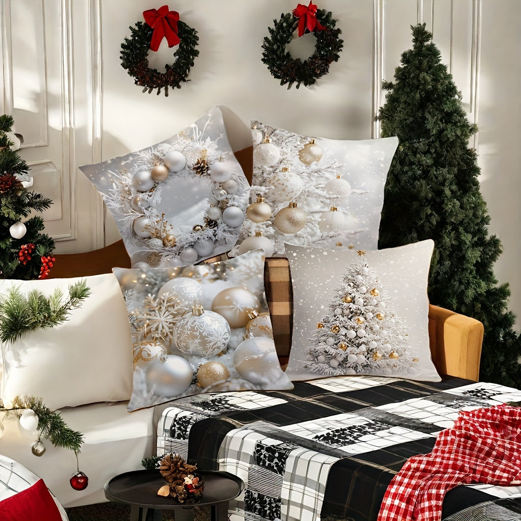 Set of 4 Christmas Throw Cushion Covers Wreath and Tree Prints Polyester 45cm