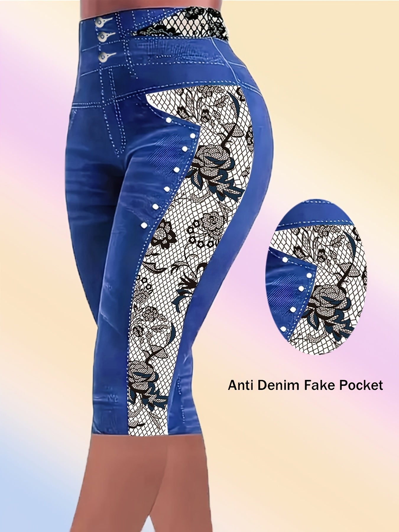 Leggings de mezclilla de talle alto para mujer de tallas grandes con estampado de encaje de calavera