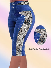 Leggings de mezclilla de talle alto para mujer de tallas grandes con estampado de encaje de calavera