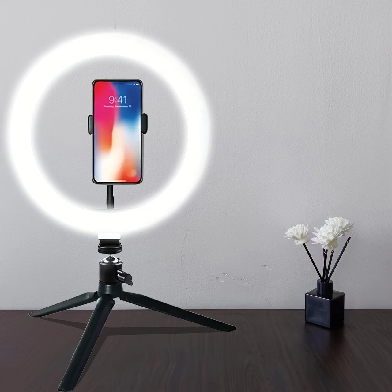 Anillo de luz USB regulable con trípode y soporte para teléfono para fotografía y transmisión