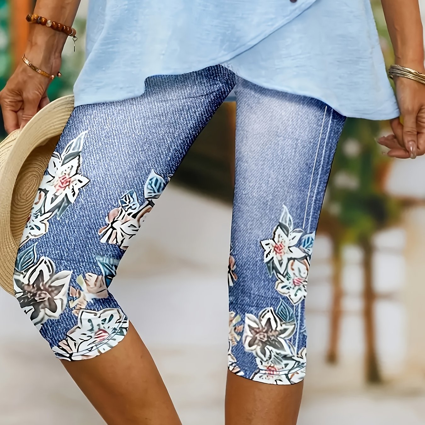 Women's Plus Size Floral Print Capri Pants Stretchy Blue Pink Summer