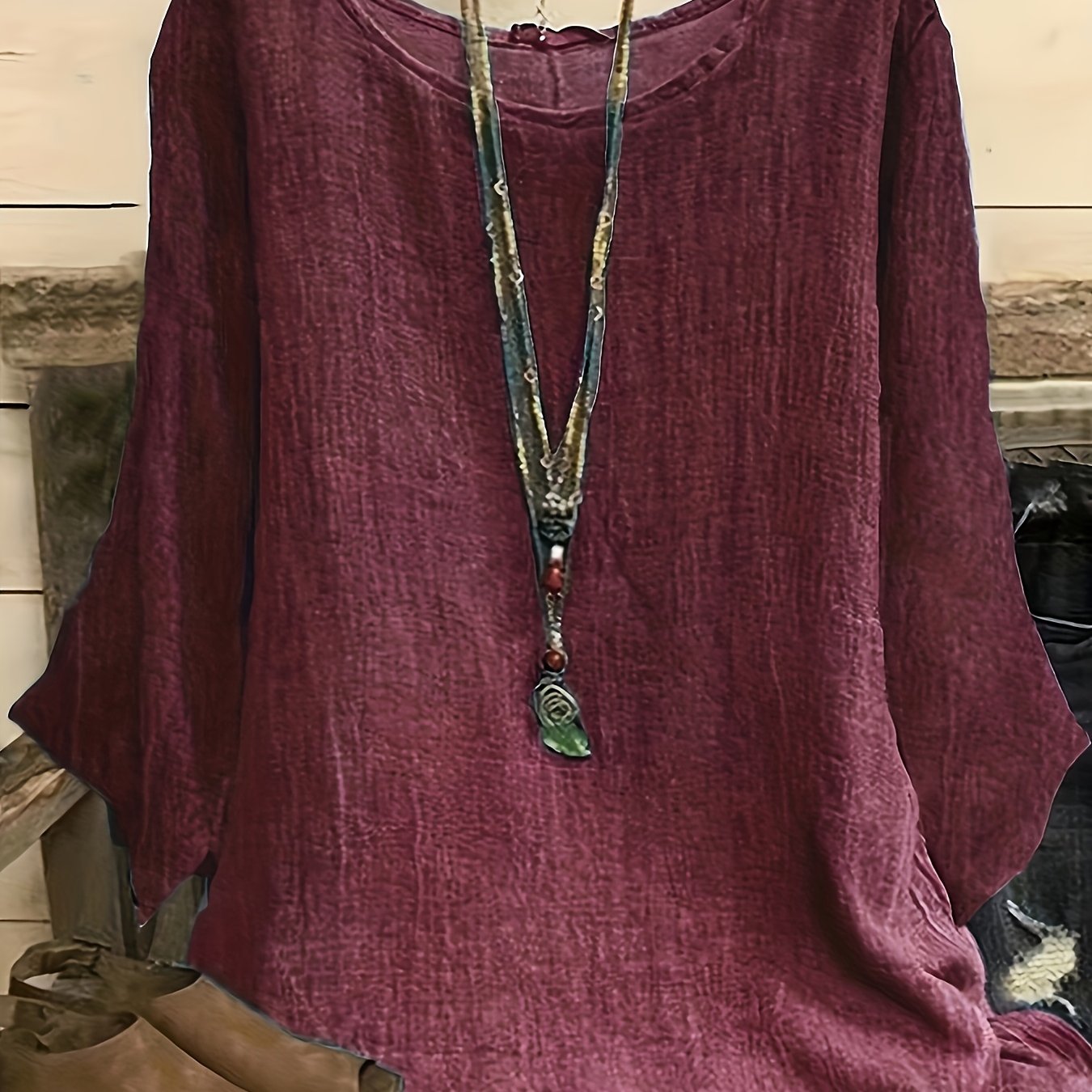 Camiseta de manga larga para mujer talla plus, de cuello redondo, de color sólido, ajuste holgado y relajado