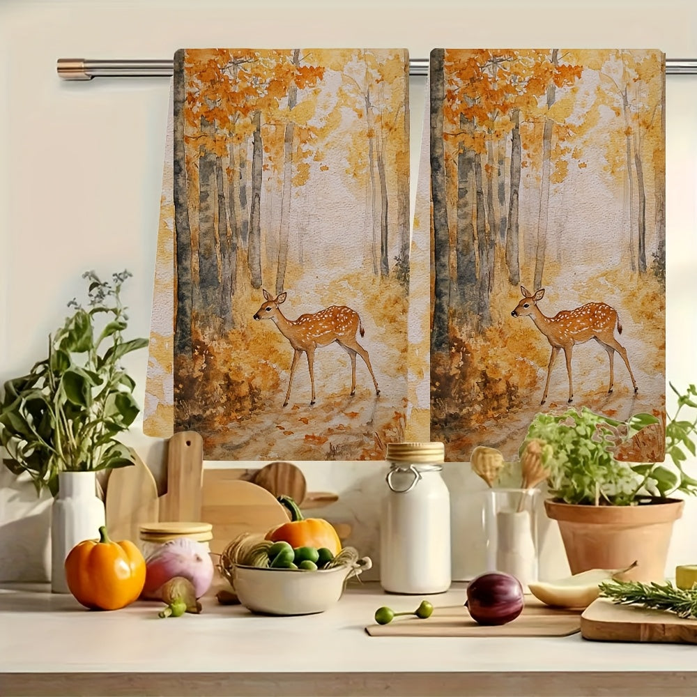 Set of 2 Soft Kitchen Towels with Forest and Deer Scene, Absorbent, 16x24 Inches