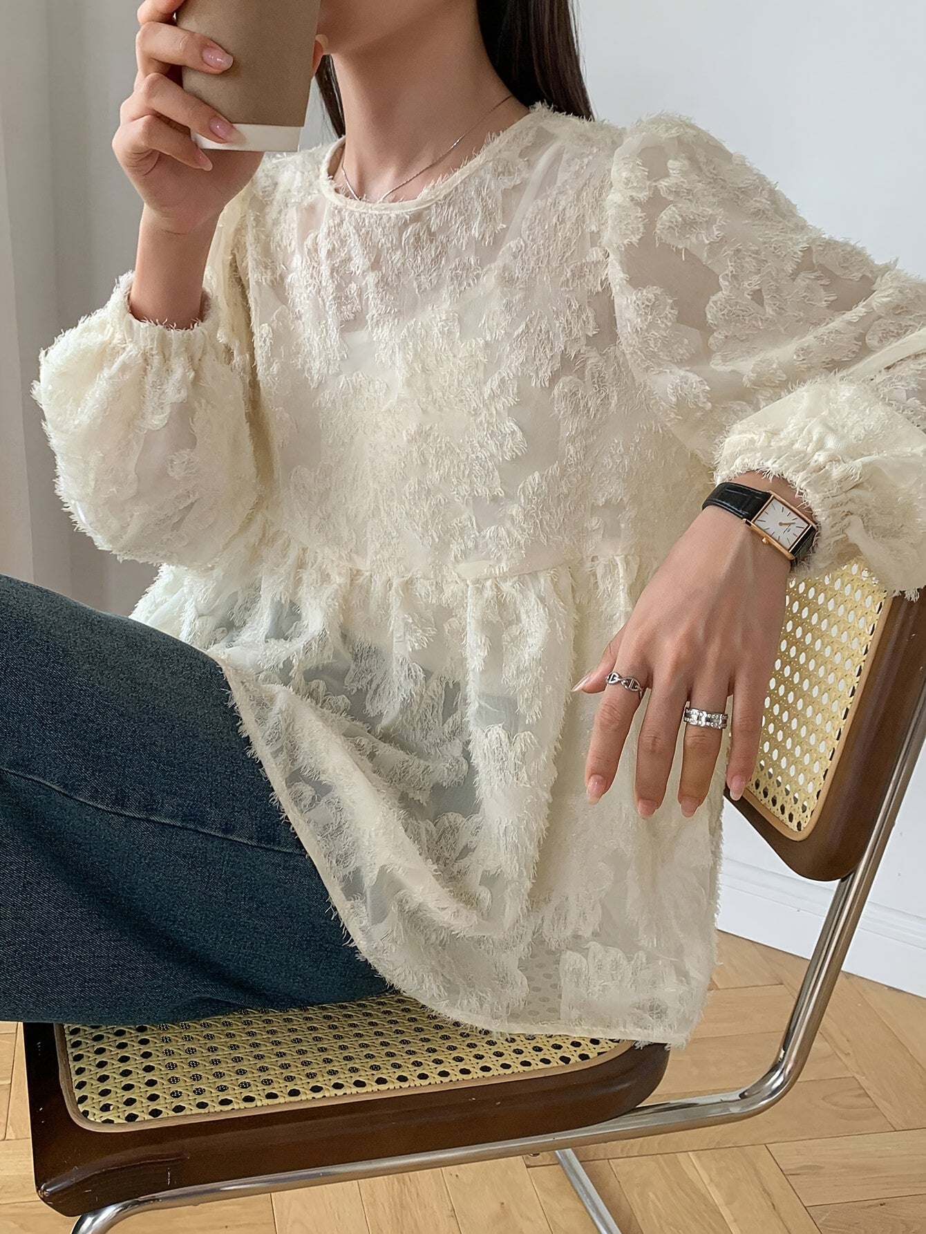 Women's Long Sleeve Blouse with Ruffled Hem in Textured Polyester Fabric