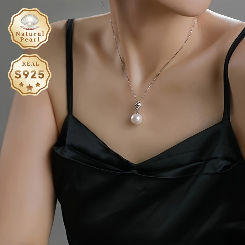 Women's Sterling Silver Pearl Pendant Necklace 13-14mm Lustrous Natural Pearl Zirconia Inlay