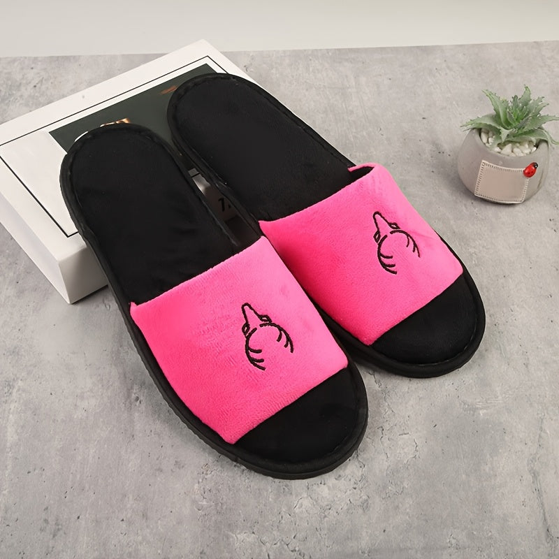 Women's Black Flannel Open-Toe Slippers for Hotel Travel and Home