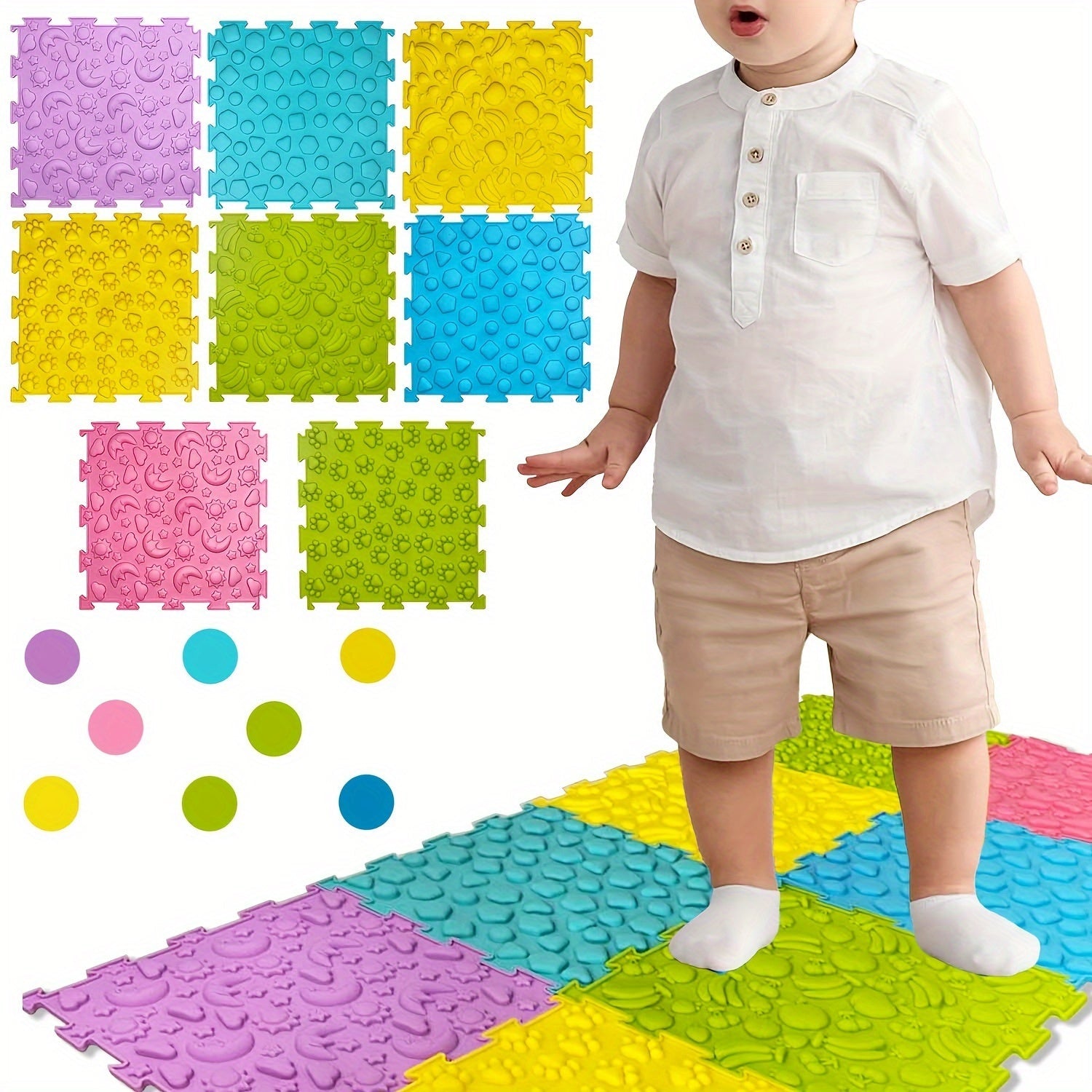 Sensory Tiles Puzzle Floor Mat - Bolalar Sensory xonasi uchun 8 dona to'plam, Tekstural gilam, Avtotransport massaj matosi, Avtizm uchun - Sensory ehtiyojlari bo'lgan bolalar uchun silikon massaj matosi