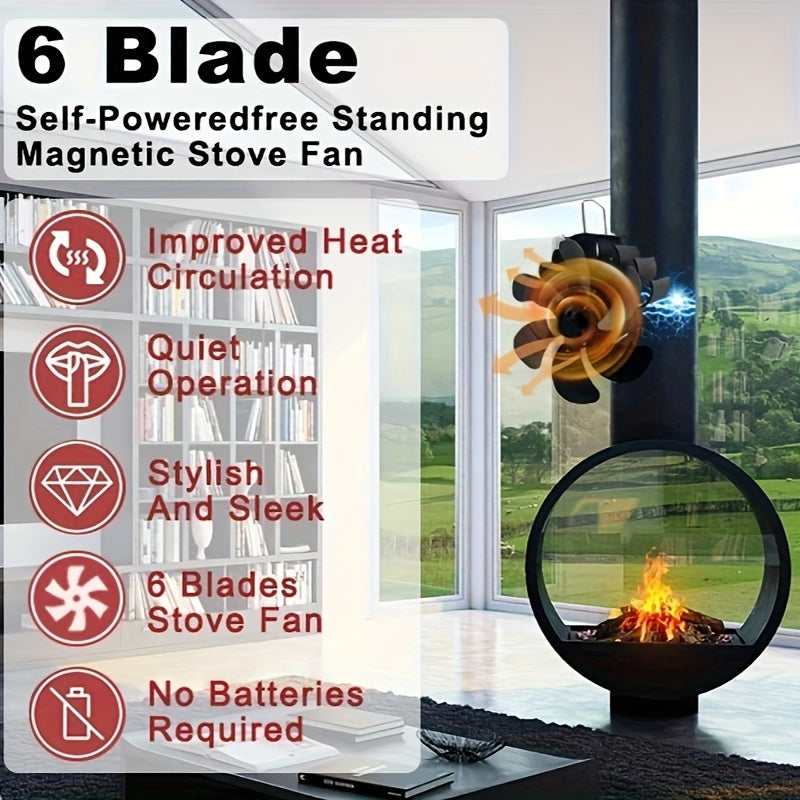 6-Blade Wood Stove Fan for Fireplace Pipe Adjustable Magnetic Quiet Warm Air