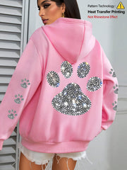 Ayollar uchun kattaroq o'lchamli hoodie polyesterli mushuk paw print pullover, cho'ntak bilan